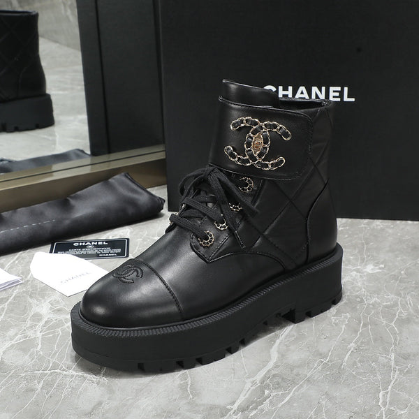 CC Interlocking Logo Combat Boots Full Black Quilted Lambskin 432654