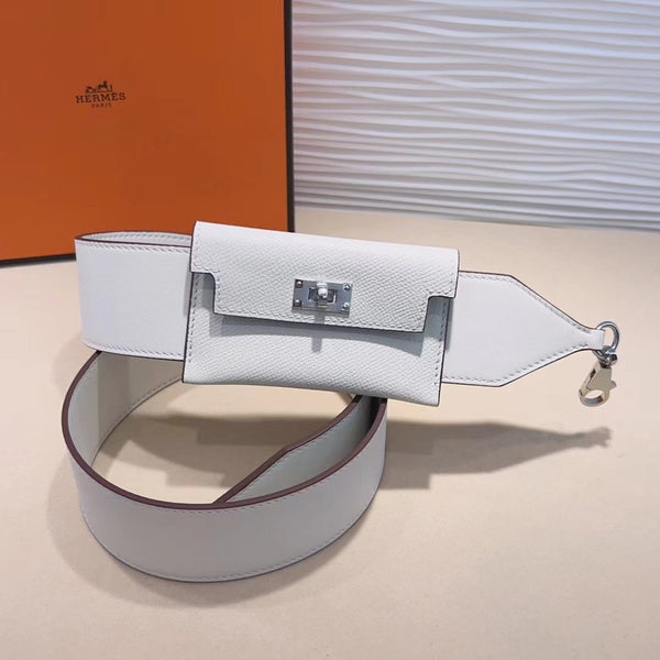 Tracolla Kelly Pocket 50mm in pelle Epsom bianca con hardware in argento