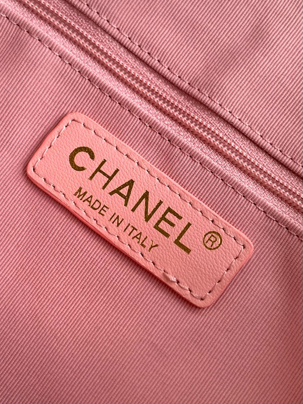 Borsa shopper con logo CC e catena 23 cm in rafia beige rosa GHW