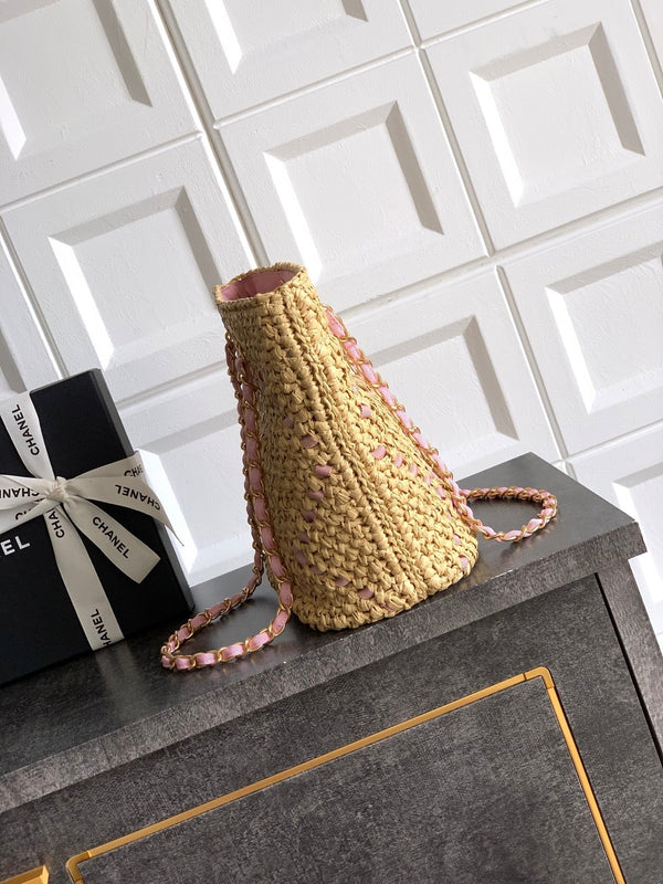 Borsa shopper con logo CC e catena 23 cm in rafia beige rosa GHW