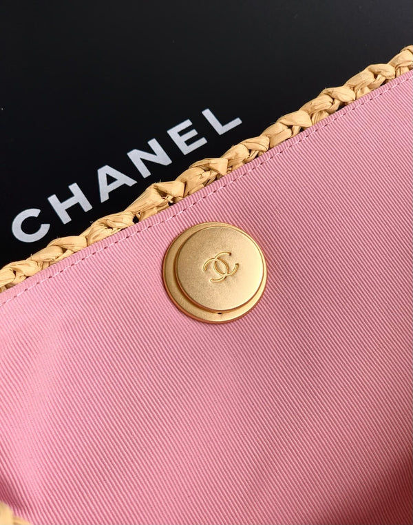 Borsa shopper con logo CC e catena 23 cm in rafia beige rosa GHW