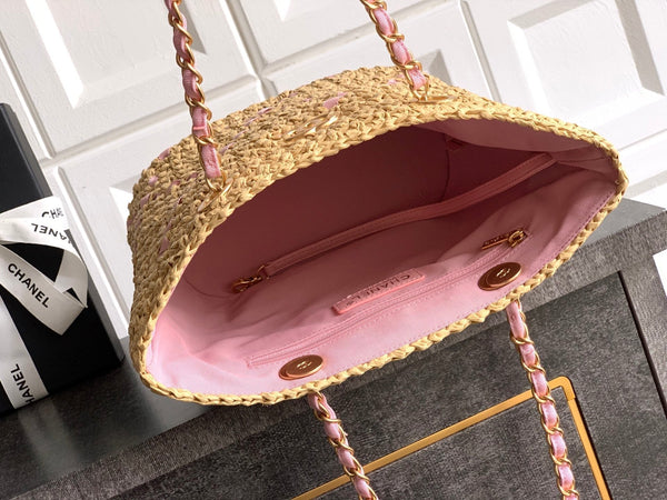 Borsa shopper con logo CC e catena 23 cm in rafia beige rosa GHW