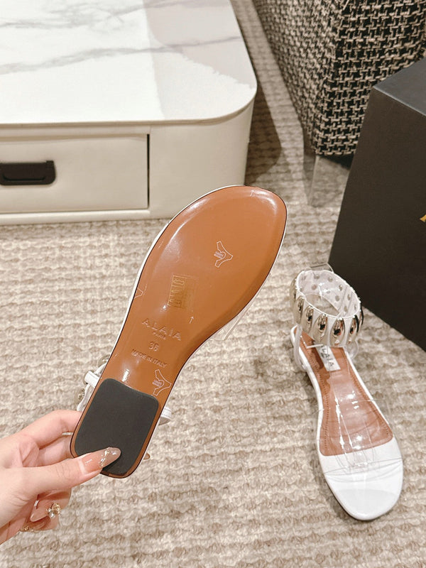ALAIA SANDAL IN WHITE CALFSKN AND FILM WITH CRYSTAL