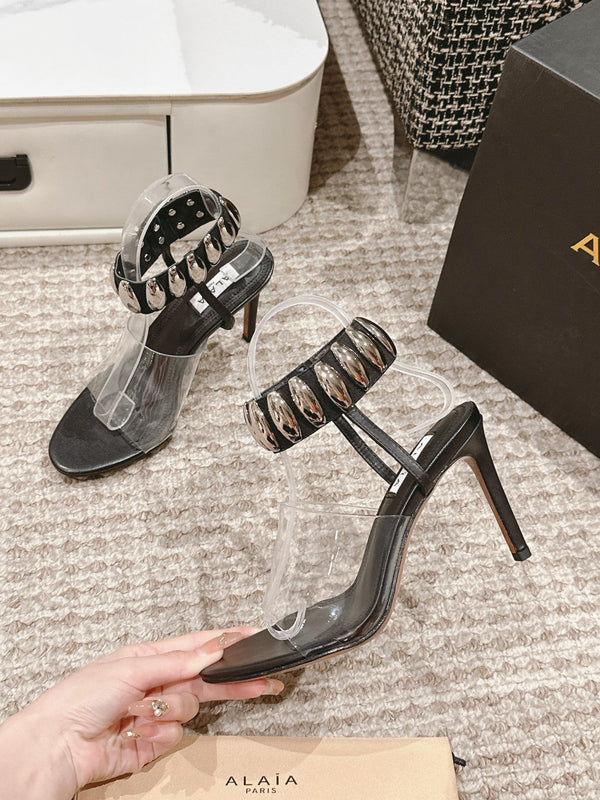 ALAIA HIGH SANDAL IN BLACK CALFSKN AND FILM WITH CRYSTAL