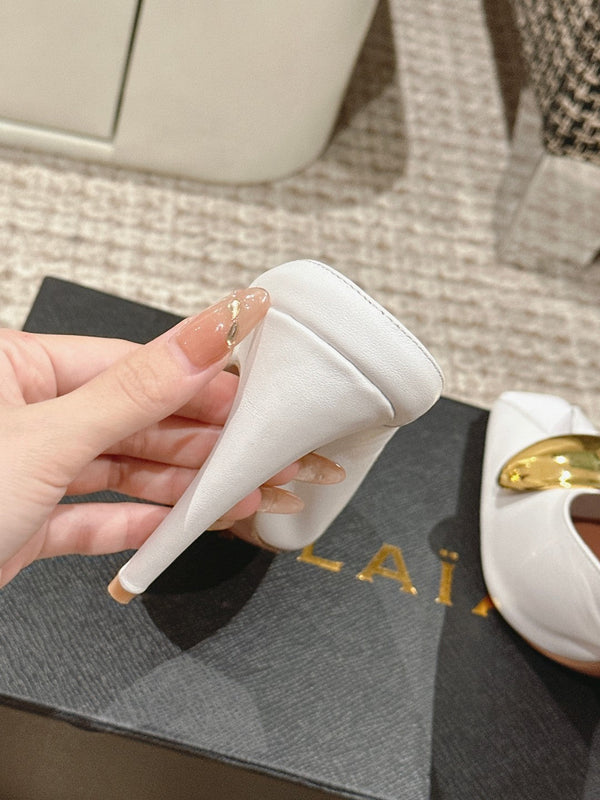 ALAIA SPIKE JEWEL MULES IN WHITE CALFSKIN WITH GOLD HARDWARE