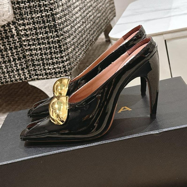 MULES GIOIELLO ALAIA SPIKE IN PELLE DI VITELLO NERA LUCIDA CON FERRAMENTA ORO