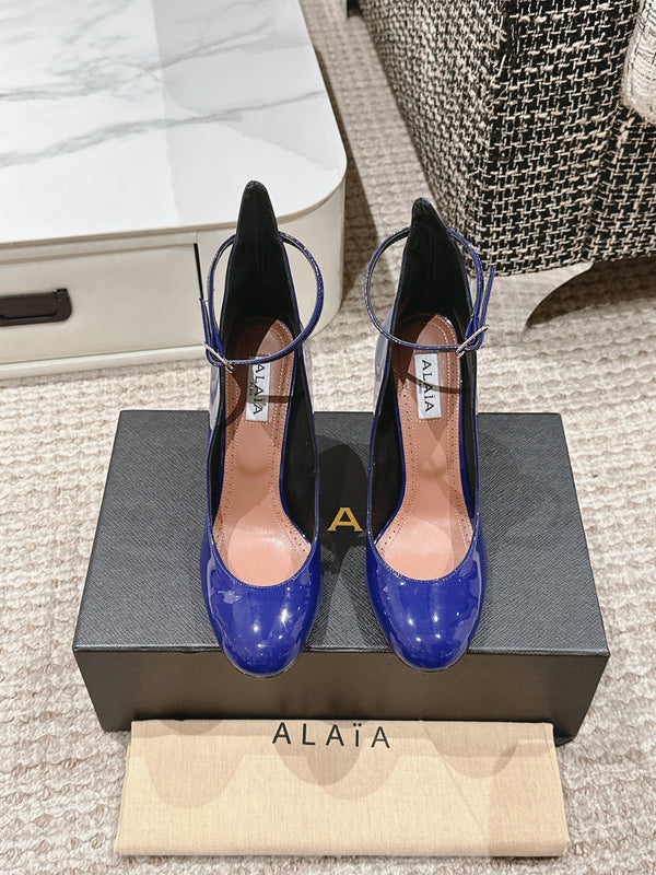 ALAIA ROUND-TOE HIGH HEELS 10 CM IN NAVY BLUE CALFSKIN
