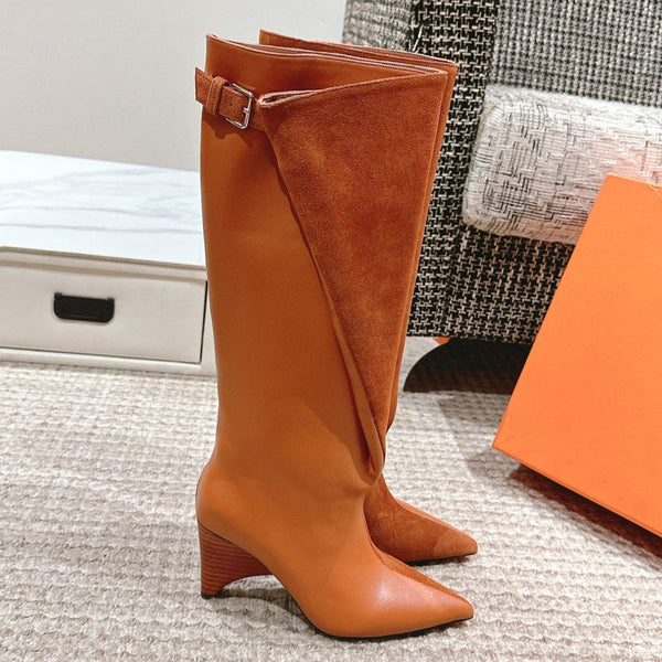 Stivali alti HM 60mm in pelle di vitello e camoscio marrone arancione 972384