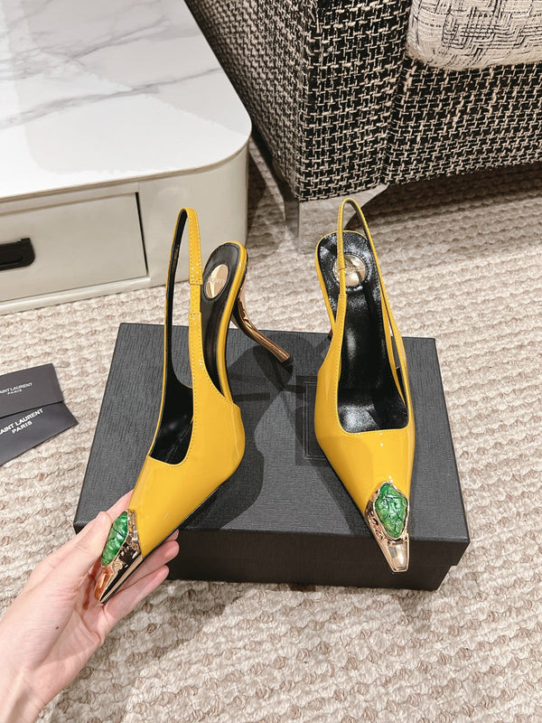 DUNE HIGH 10 CM SLINGBACK PUMPS IN CLASSIC YELLOW PATENT LEATHER WITH CRYSTAL