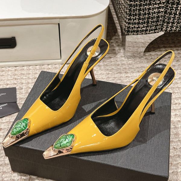 DUNE HIGH 10 CM SLINGBACK PUMPS IN CLASSIC YELLOW PATENT LEATHER WITH CRYSTAL