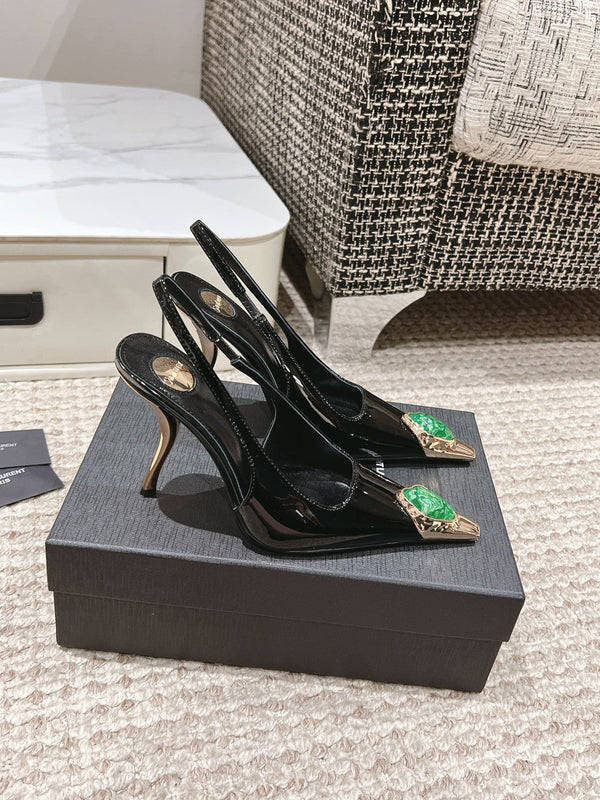 DUNE HIGH 10 CM SLINGBACK PUMPS IN BLACK PATENT LEATHER WITH GREEN CRYSTAL