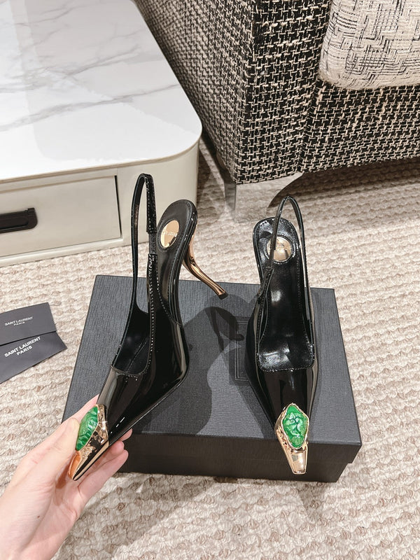 DUNE HIGH 10 CM SLINGBACK PUMPS IN BLACK PATENT LEATHER WITH GREEN CRYSTAL