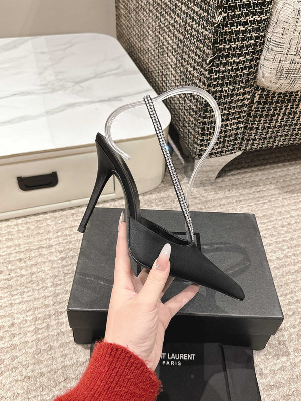 BARBARA 90 EMBELLISHED  BLACK SATIN MULES WITH RHINSTONES