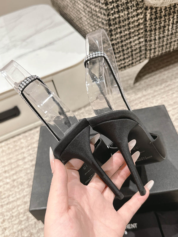 BARBARA 90 EMBELLISHED  BLACK SATIN MULES WITH RHINSTONES