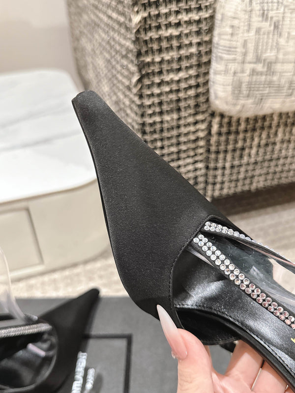 BARBARA 90 EMBELLISHED  BLACK SATIN MULES WITH RHINSTONES