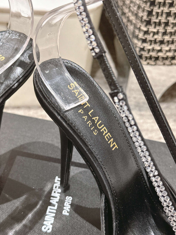 BARBARA 90 EMBELLISHED  BLACK SATIN MULES WITH RHINSTONES