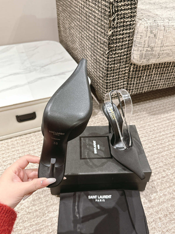 BARBARA 90 EMBELLISHED  BLACK SATIN MULES WITH RHINSTONES