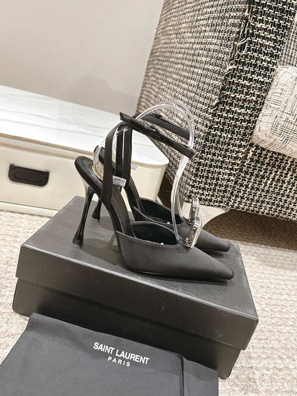 AIMÉE HIGH 75 MM SLINGBACK PUMPS IN BLACK SATIN WITH CRYSTAL