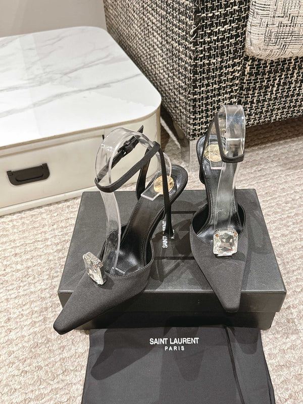 AIMÉE HIGH 75 MM SLINGBACK PUMPS IN BLACK SATIN WITH CRYSTAL