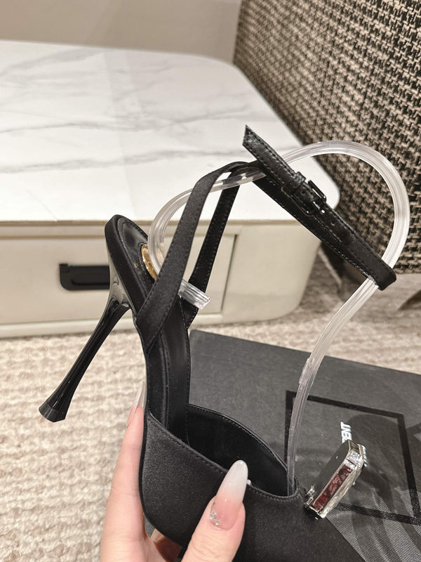 AIMÉE HIGH 75 MM SLINGBACK PUMPS IN BLACK SATIN WITH CRYSTAL