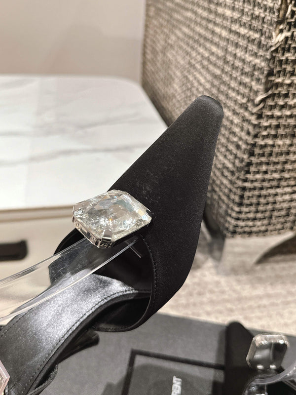 AIMÉE HIGH 75 MM SLINGBACK PUMPS IN BLACK SATIN WITH CRYSTAL