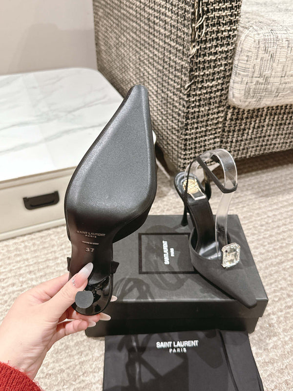 AIMÉE HIGH 75 MM SLINGBACK PUMPS IN BLACK SATIN WITH CRYSTAL