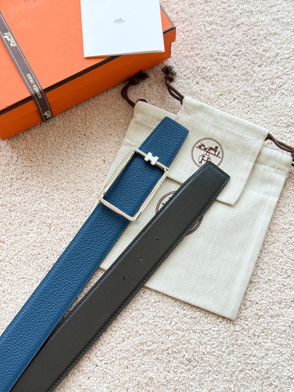 HM Silver Tube H Buckle Belt 38mm Prussian blue Black Leather 187523