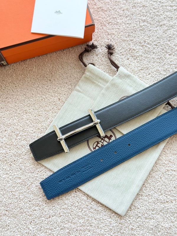 HM H D'Ancre Buckle Belt 38mm Prussian blue Black Leather 187519