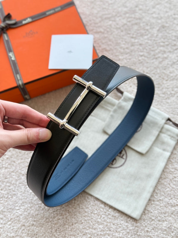 HM H D'Ancre Buckle Belt 38mm Prussian blue Black Leather 187519