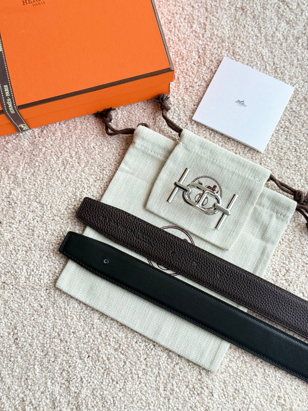 HM Ancre Buckle Belt 32mm Black Chocolate Leather 187517