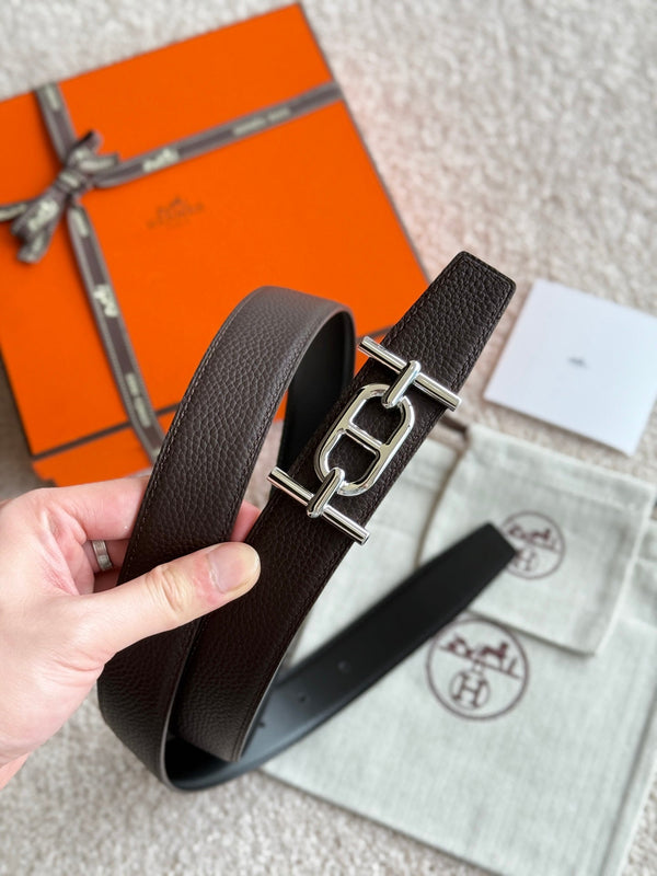 HM Ancre Buckle Belt 32mm Black Chocolate Leather 187517