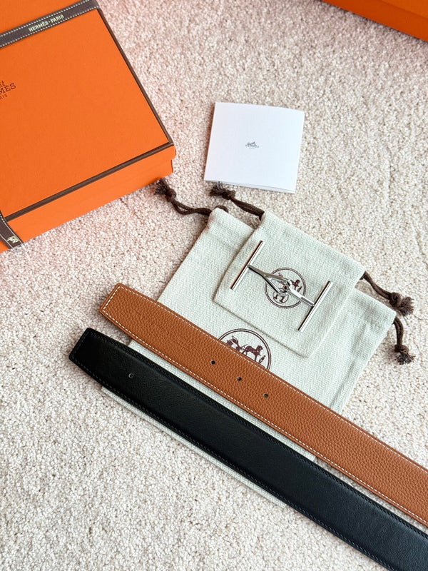 HM Jumbo Buckle Belt 38mm Brown Black Leather 187559