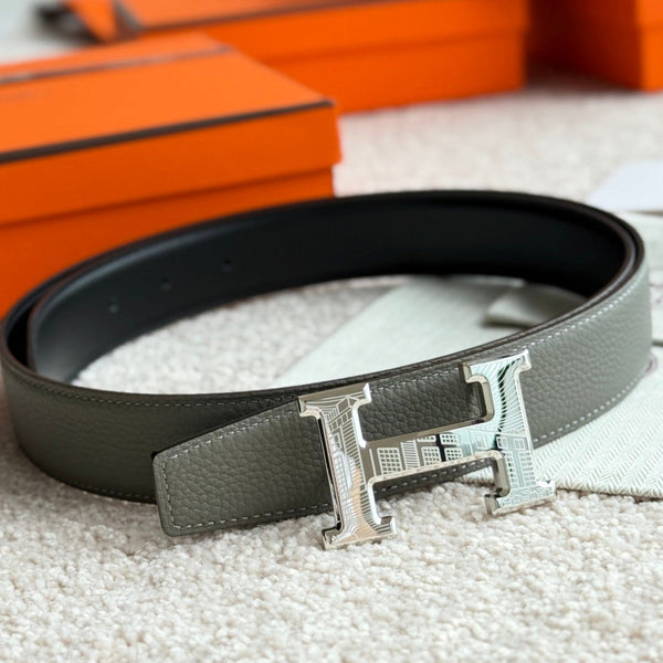 HM Silver H 5382 Faubourg Buckle Belt 32mm Gray Green Leather 187600