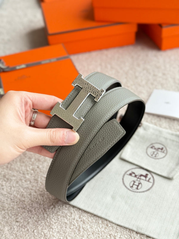 HM Silver H Guillochee Buckle Belt 32mm Gray Green Leather 187598