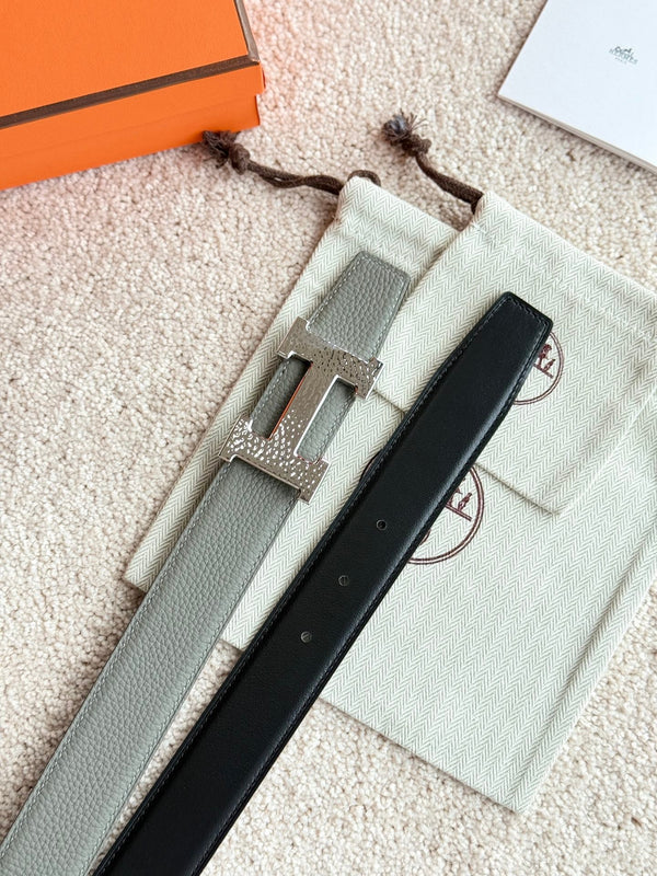 HM Silver H Guillochee Buckle Belt 32mm Gray Green Leather 187598