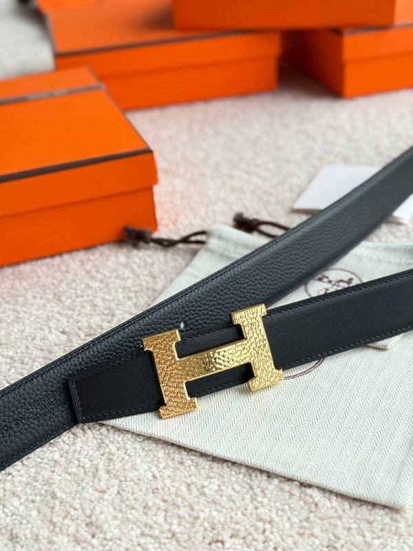 HM Gold H Guillochee Buckle Belt 32mm Black Leather 187597