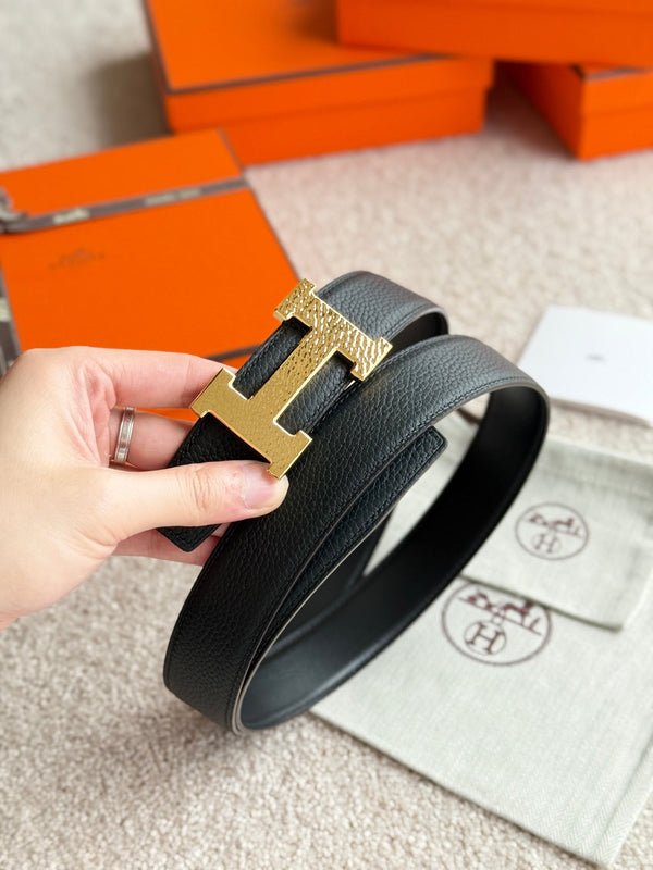 HM Gold H Guillochee Buckle Belt 32mm Black Leather 187597