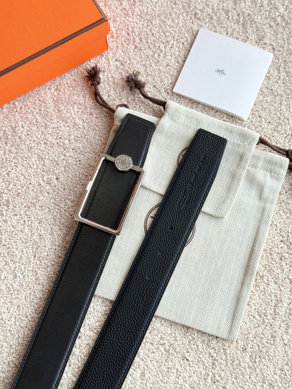 HM Silver Oscar Buckle Belt 38mm Black Leather 187784