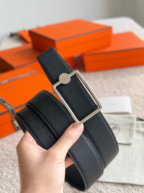 HM Silver Oscar Buckle Belt 38mm Black Leather 187784