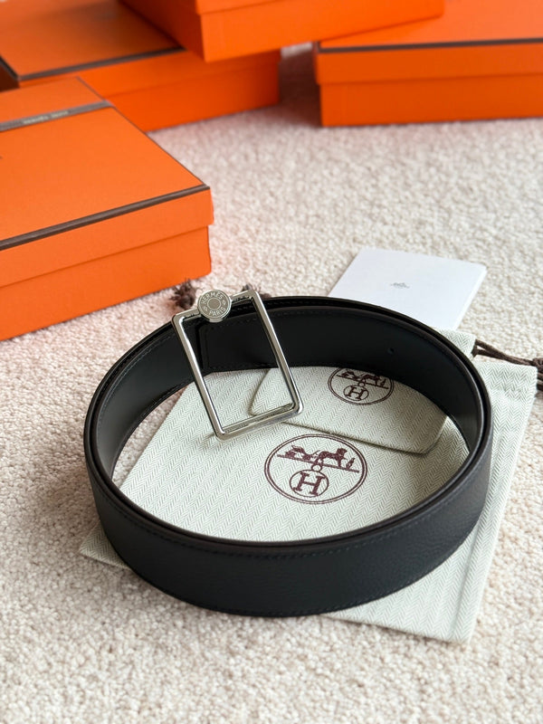 HM Silver Oscar Buckle Belt 38mm Black Leather 187784