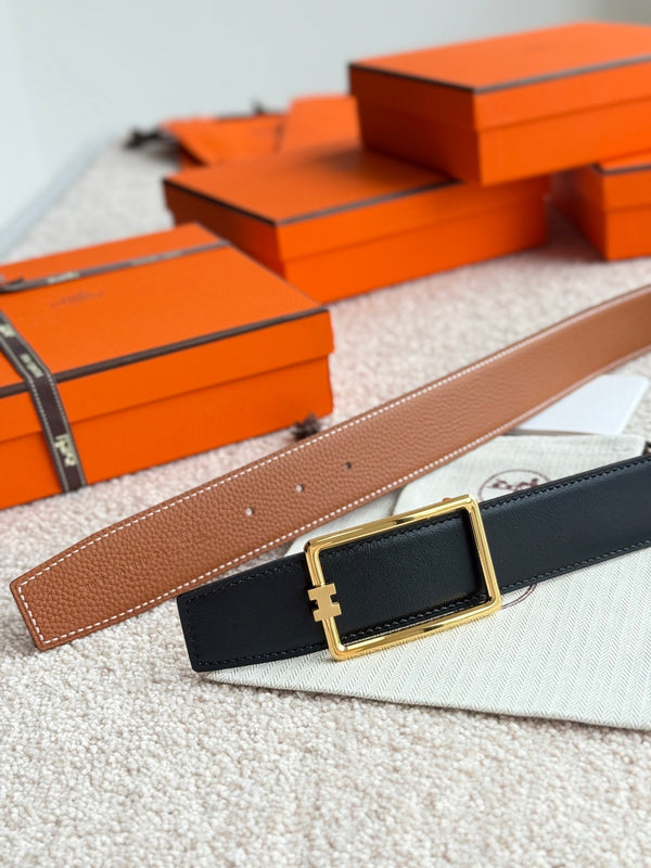 HM Gold Tube H Buckle Belt 38mm Brown Leather 187781