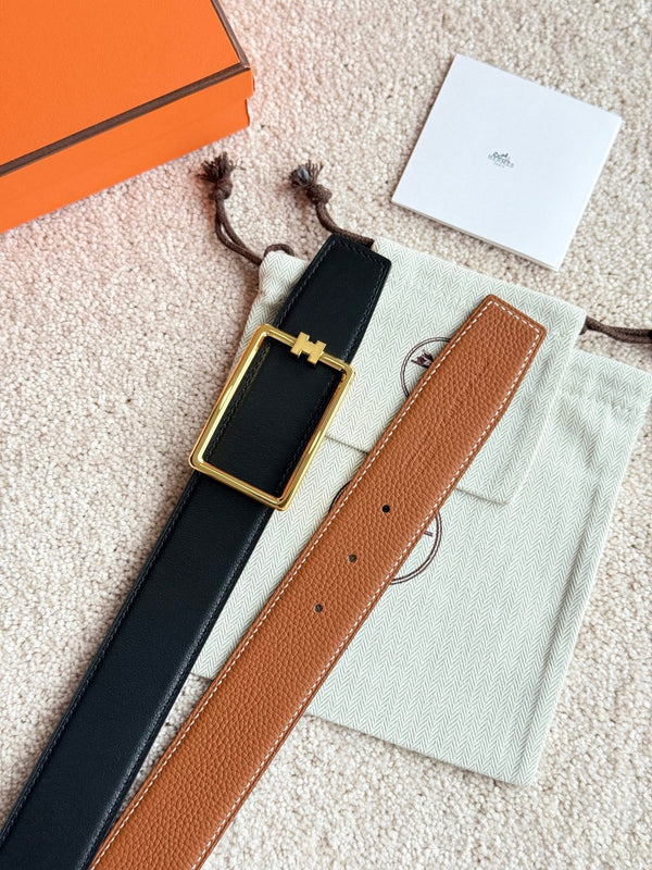 HM Gold Tube H Buckle Belt 38mm Brown Leather 187781