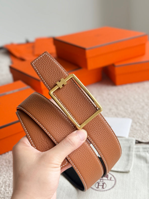 HM Gold Tube H Buckle Belt 38mm Brown Leather 187781