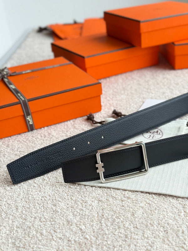 HM Silver Tube H Buckle Belt 38mm Black Leather 187780