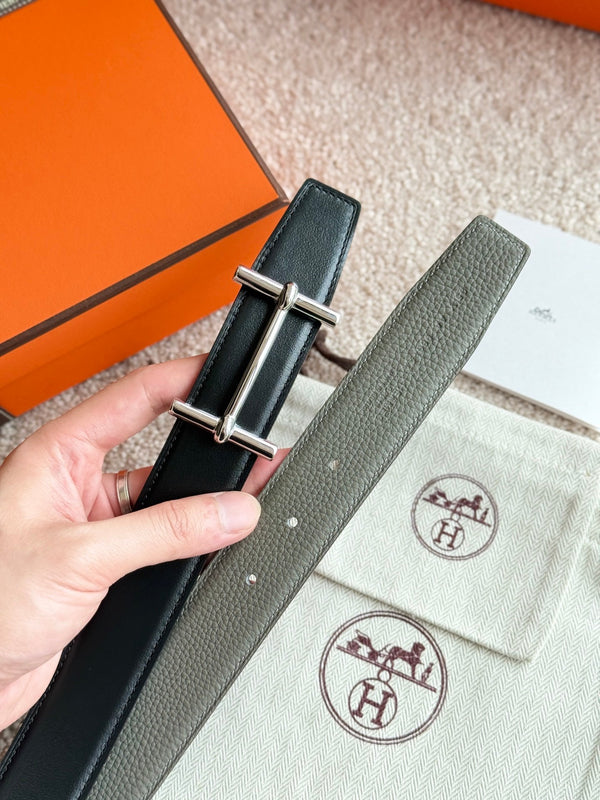 HM Silver H d'Ancre Belt Meyer Gray Leather 187775