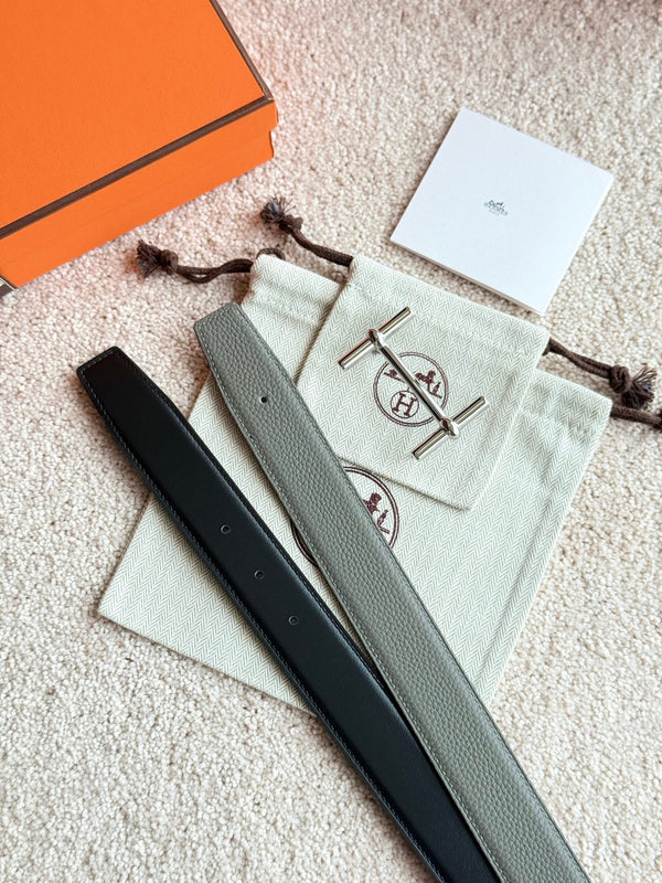 HM Silver H d'Ancre Belt Meyer Gray Leather 187775