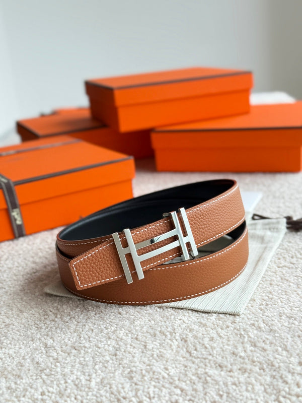 HM H au Carre Buckle Belt 32mm Black Brown Leather 187767