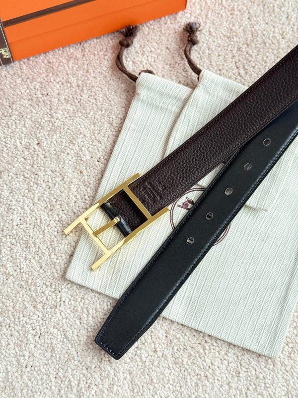 HM Gold Quentin Reversible 32mm Belt Black Chocolate Leather 188090