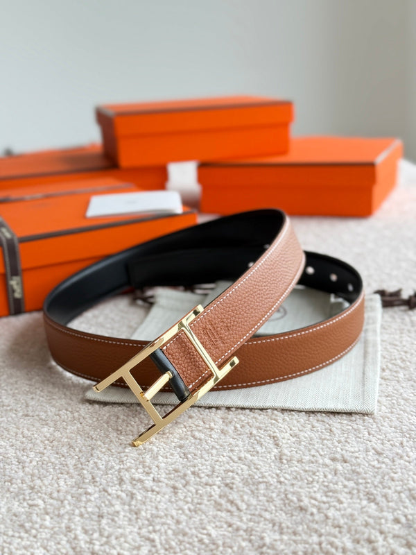 HM Gold Quentin Reversible 32mm Belt Black Brown Leather 188088