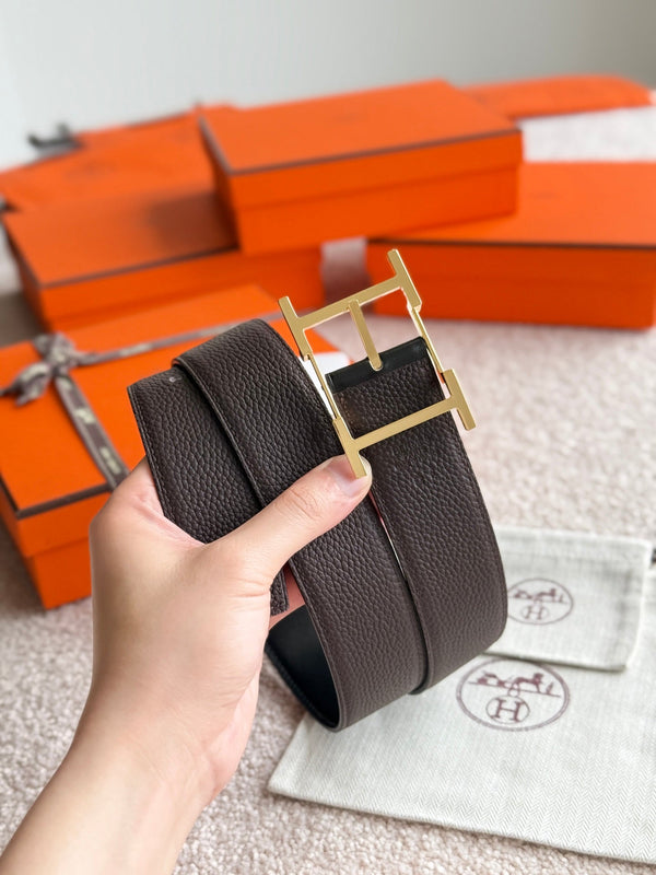 HM Gold Hadrien Reversible 38mm Belt Black Chocolate Leather 188080